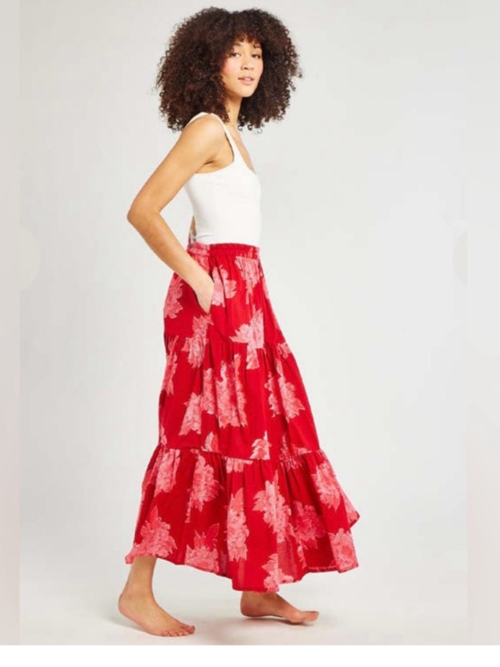 NWT Mille Anthropologie Paola Ruffle Maxi Skirt in Red Floral size Small - Picture 8 of 13